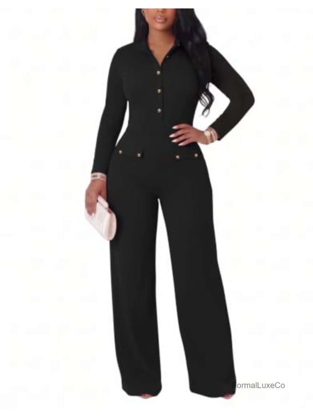 Formal Jumpsuit Women Dressy Straight Leg Collared V Neck Long Sleeve Business